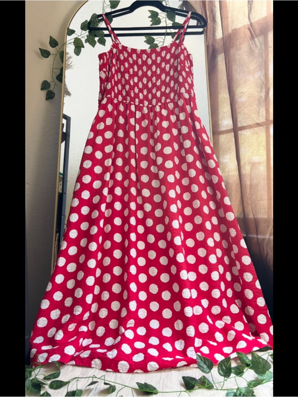 PrettyGarden Red White Polka Dot Sundress Smocked Cami Maxi Dress L
